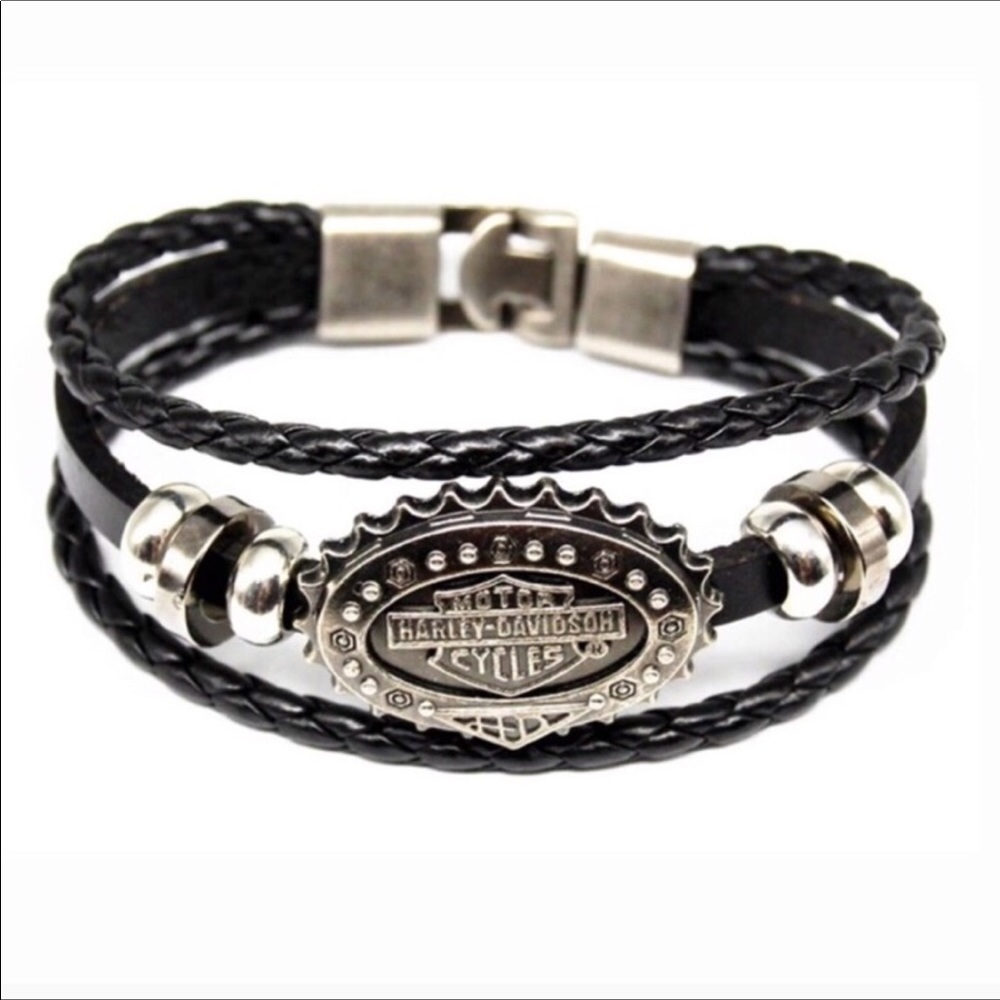 Harley Davidson Black Leather Cuff Charm Bracelet